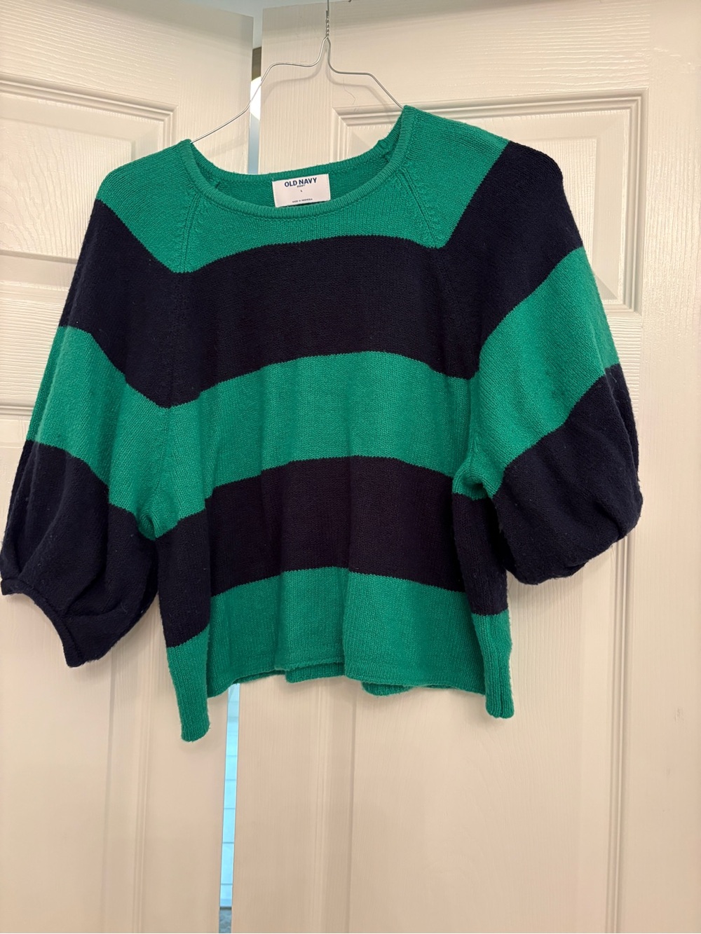Old Navy Green and Navy Rugby Striped Short-Sleeve Sweater Preppy!